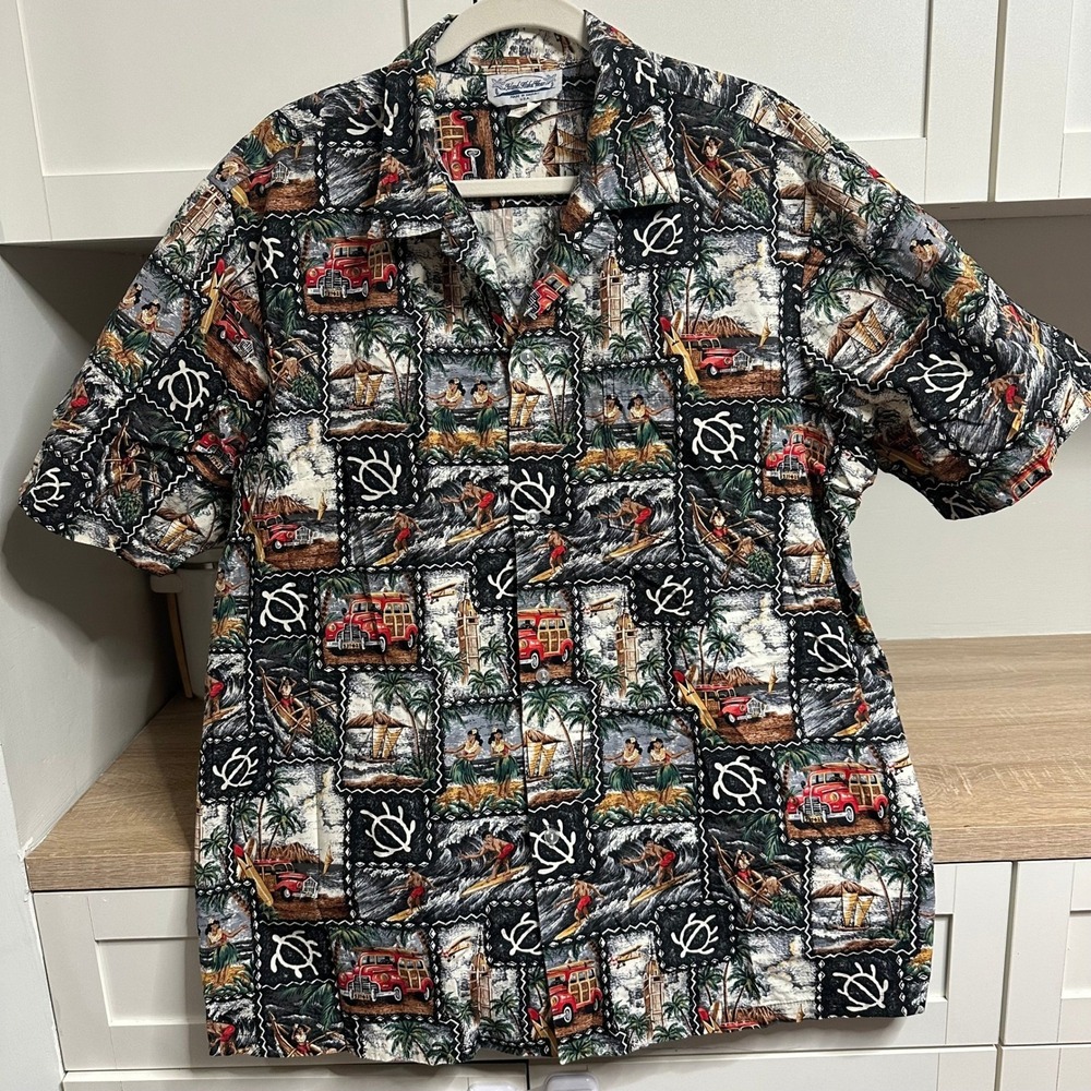 Island Aloha Wear Men's Hawaiian Shirt XL Scenic Hula Surf All Over Print Hawaii